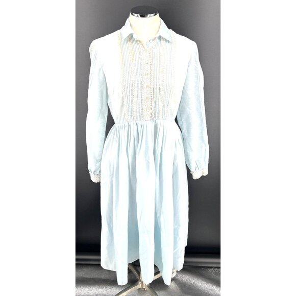 L'Aiglon Laiglon Dress Blue Sz 16 Lace Trim Shirtmaker Dress Cottagecore Vintage - Picture 1 of 9